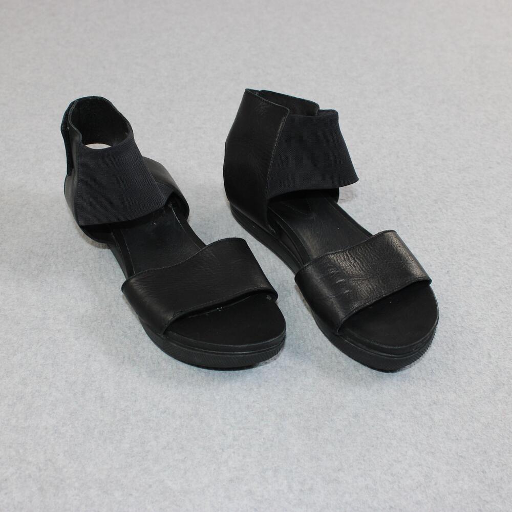 Eileen Fisher Sandals Shoes Womens Size 7 Black Leather Ankle Strap Flat Comfort
